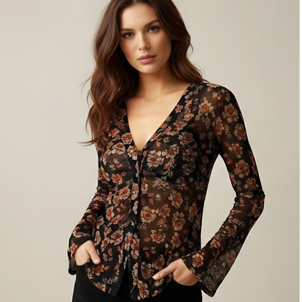 Boho Floral Print Blouse Brown